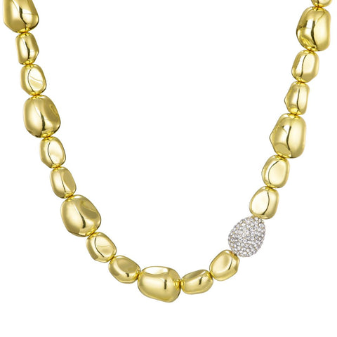 14k Gold Plated Pebbled Gold Necklace with Crystal Centerpiece
