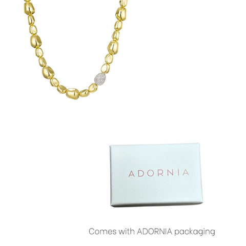 14k Gold Plated Pebbled Gold Necklace with Crystal Centerpiece