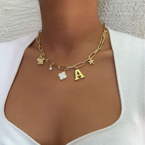 14k Yellow Gold Plated Initial Chunky Charm Necklace