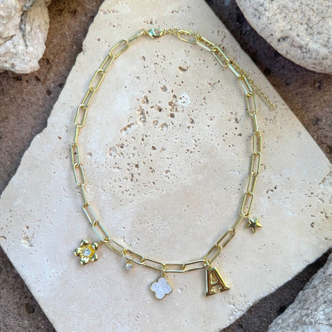 14k Yellow Gold Plated Initial Chunky Charm Necklace