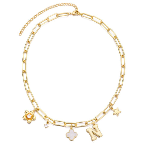 14k Yellow Gold Plated Initial Chunky Charm Necklace