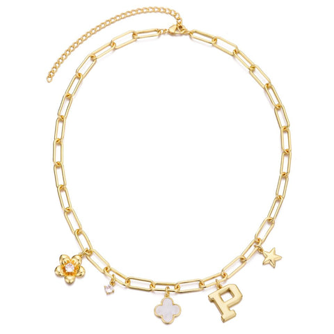 14k Yellow Gold Plated Initial Chunky Charm Necklace