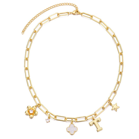 14k Yellow Gold Plated Initial Chunky Charm Necklace