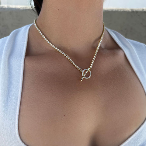 14k Gold Plated Crystal Toggle Tennis Necklace