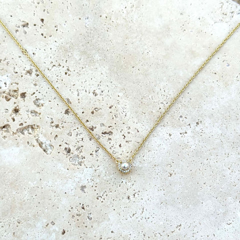14k Gold Plated Freshwater Pearl CZ Halo Necklace
