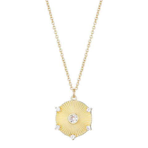 14k Gold Plated CZ Fluted Disc Pendant Necklace