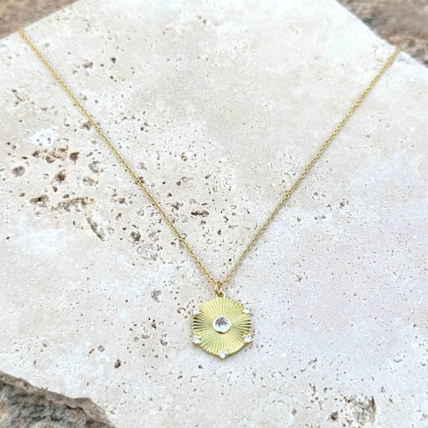 14k Gold Plated CZ Fluted Disc Pendant Necklace
