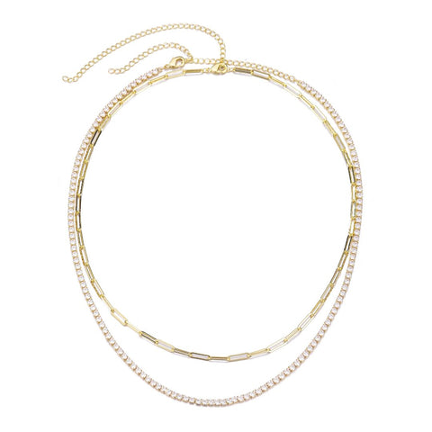 14k Gold Plated Tennis and Paperclip Chain Necklace Set