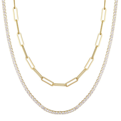 14k Gold Plated Tennis and Paperclip Chain Necklace Set