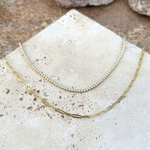 14k Gold Plated Tennis and Paperclip Chain Necklace Set