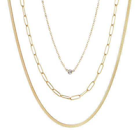 Tarnish Resistant 18k Gold Plated CZ Solitaire Pendant and 2 Chain Necklace Set