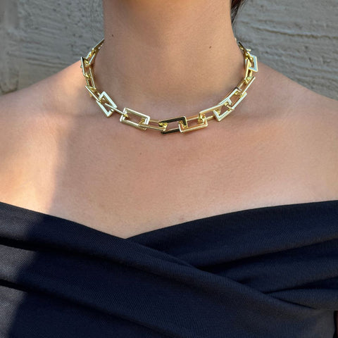 Gold Plated Rectangle Paperclip Chain Necklace