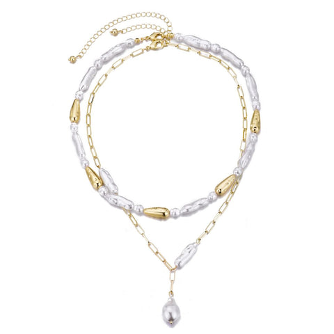 Gold Plated Beaded Faux Pearl Layered Lariat Necklace
