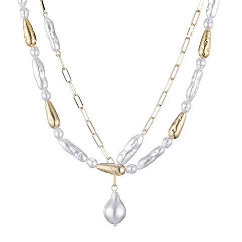 Gold Plated Beaded Faux Pearl Layered Lariat Necklace