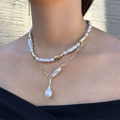 Gold Plated Beaded Faux Pearl Layered Lariat Necklace