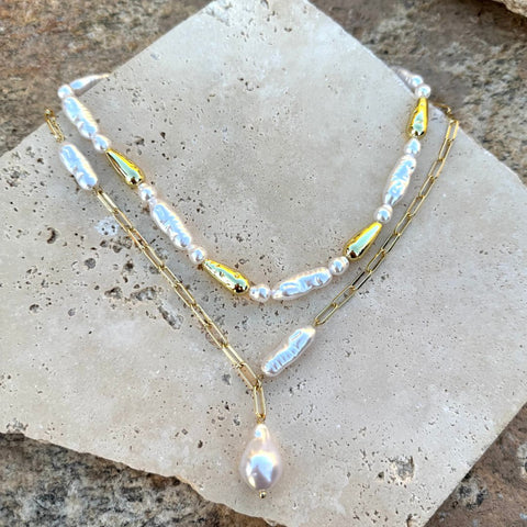 Gold Plated Beaded Faux Pearl Layered Lariat Necklace