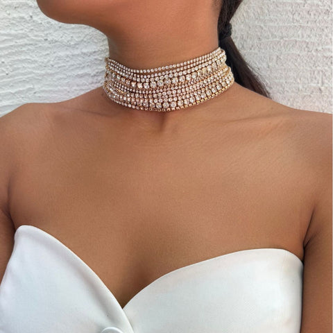 Gold Plated Multi Strand Crystal Adjustable Collar
