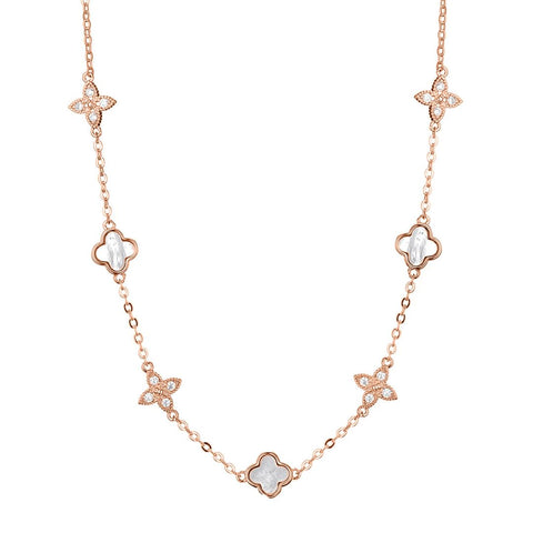 Mixed Mother of Pearl and CZ Clover Station Necklace
