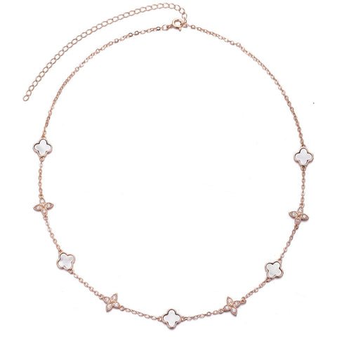 Mixed Mother of Pearl and CZ Clover Station Necklace