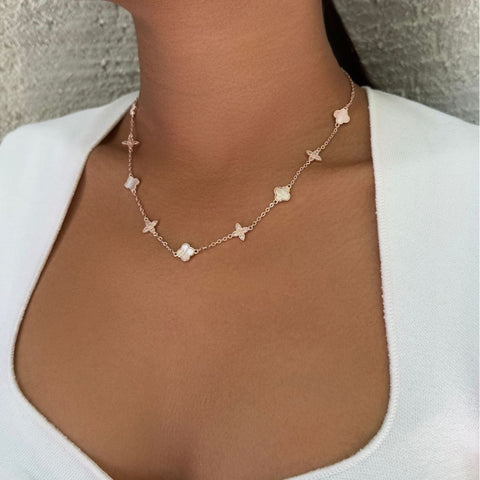 Mixed Mother of Pearl and CZ Clover Station Necklace