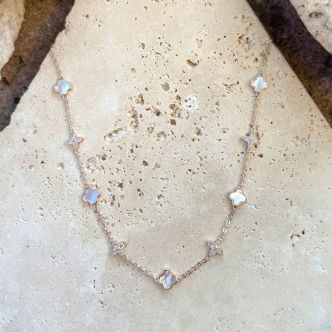 Mixed Mother of Pearl and CZ Clover Station Necklace