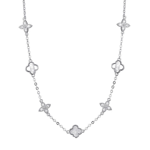 Mixed Mother of Pearl and CZ Clover Station Necklace