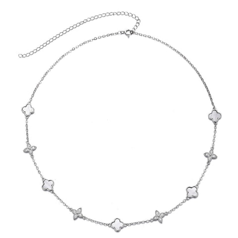 Mixed Mother of Pearl and CZ Clover Station Necklace
