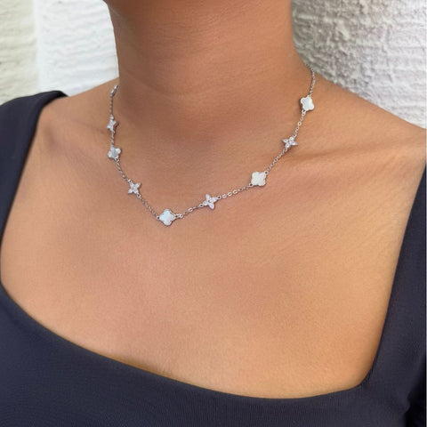Mixed Mother of Pearl and CZ Clover Station Necklace