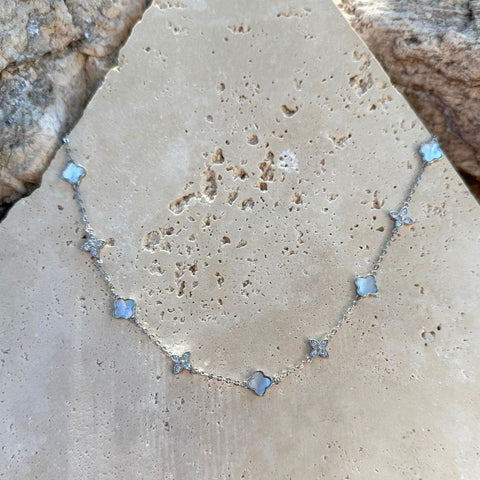 Mixed Mother of Pearl and CZ Clover Station Necklace