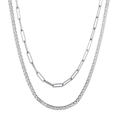 Tennis and Paperclip Chain Necklace Set
