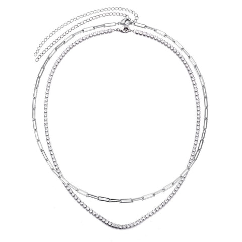 Tennis and Paperclip Chain Necklace Set