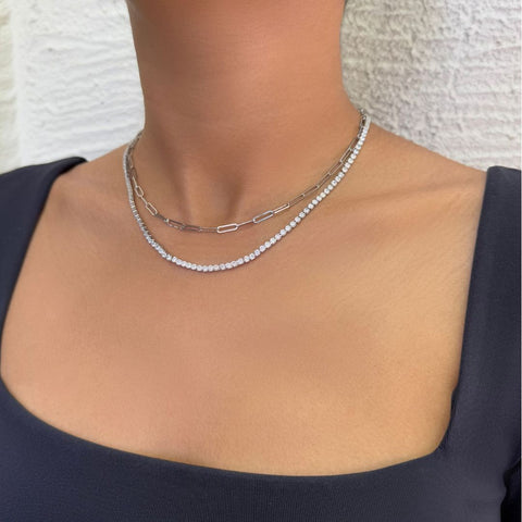 Tennis and Paperclip Chain Necklace Set