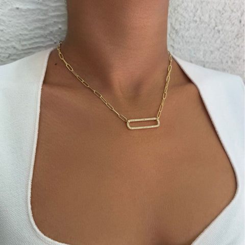 14k Gold Plated CZ Rounded Rectangle Pendant Necklace