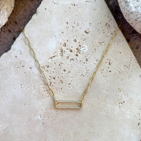 14k Gold Plated CZ Rounded Rectangle Pendant Necklace