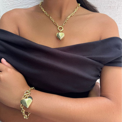 Gold Plated Puffy Heart Link Necklace