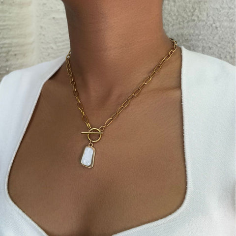Tarnish Resistant 18k Gold Plated Mother of Pearl Toggle Necklace