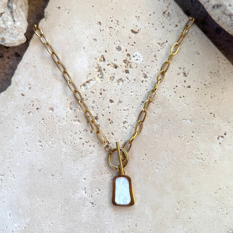 Tarnish Resistant 18k Gold Plated Mother of Pearl Toggle Necklace