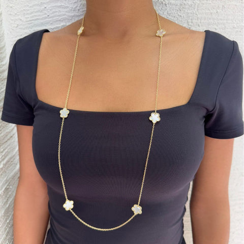 Gold Plated 36" 5-Leaf Clover Mother of Pearl Station Necklace