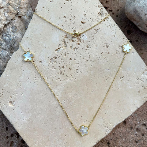 Gold Plated 36" 5-Leaf Clover Mother of Pearl Station Necklace