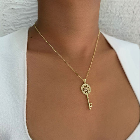 14k Gold Plated Ornate Key Pendant Necklace