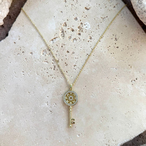 14k Gold Plated Ornate Key Pendant Necklace