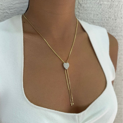 14k Gold Plated CZ Heart Bolo Necklace