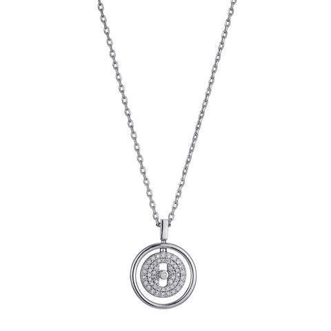 Silver Plated CZ Dancing Stone Disc Pendant Necklace