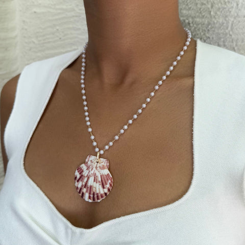 14k Gold Plated Pink Shell Rosary Pearl Necklace