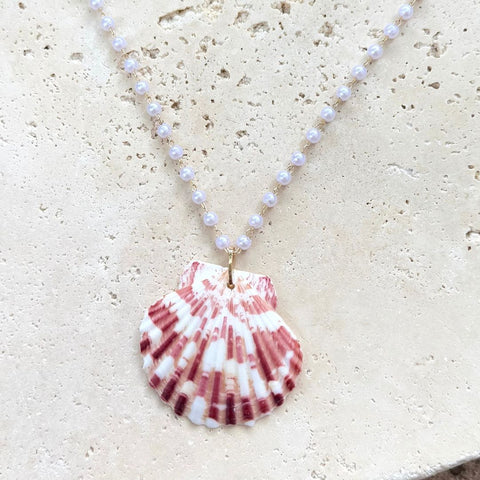 14k Gold Plated Pink Shell Rosary Pearl Necklace