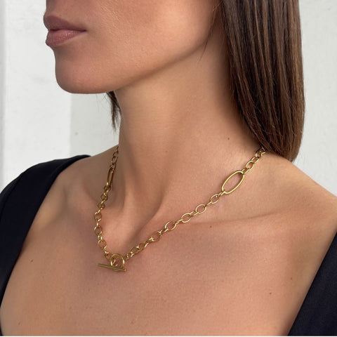 Tarnish Resistant 18k Gold Plated Mixed Link Toggle Necklace