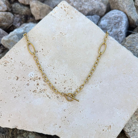 Tarnish Resistant 18k Gold Plated Mixed Link Toggle Necklace