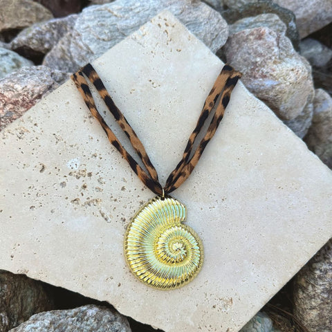 Gold Shell on Leopard Print Adjustable Necklace
