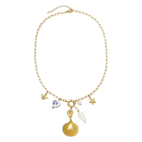 Tarnish Resistant 18k Gold Plated Shell and Charm Y-Necklace