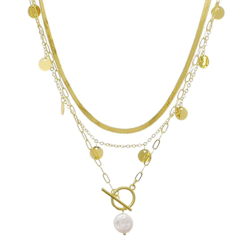 14k Gold Plated Pearl and 3-Layer Necklace